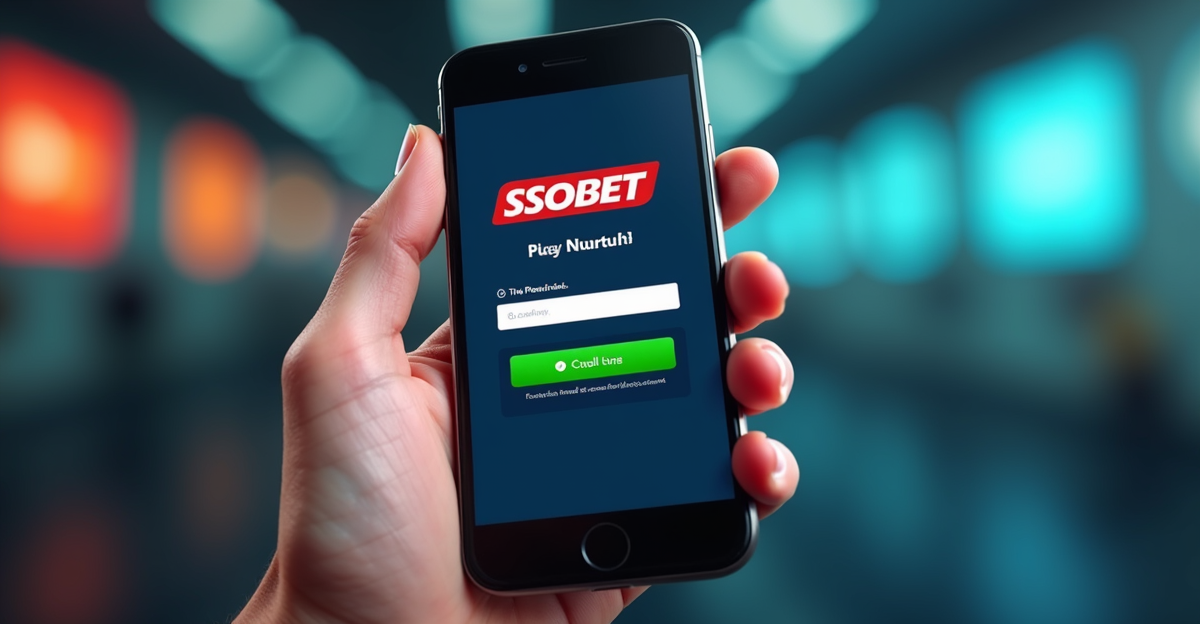 Ilustrasi tangan memegang smartphone dengan logo Sbobet dan tanda centang